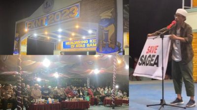 Sang Penyanyi Lagu FKNT Bawa Spanduk Save Sagea Pada Malam Penutupan